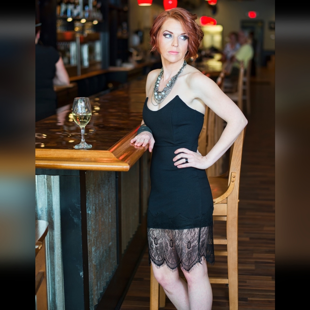 3for20🤍 Sexy black cocktail dress, eyelash lace hem, Strapless boning bodice